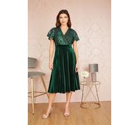 Green Embellished Velvet Wrap Skater Midi Dress Yumi Green 14