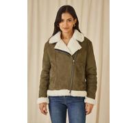 Yumi Women's Green Faux Suede & Shearling Biker Jacket | Size: 16