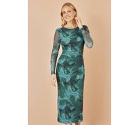 Yumi Women's Green Floral Mesh Bodycon Dress With Tie Back | Size: 16