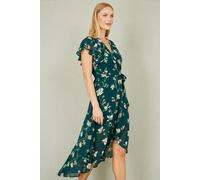 Yumi Green Floral Wrap Midi Dress with Frill Hem (UK, Numeric, 16, Regular, Regular, Green)