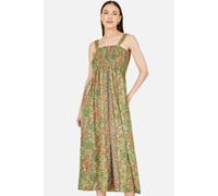 Yumi Women's Green Foil Palm Print Ruched Maxi Dress With Border Detail | Size: 8 Yumi Green 8