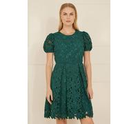 Yumi Women's Green Lace Skater Dress With Puff Sleeves | Size: 10