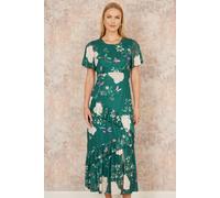 Yumi Women's Green Mesh Bird & Floral Print Midi Dress With Ruffles | Size: 16