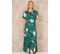 Yumi Women's Green Mesh Bird & Floral Print Midi Dress With Ruffles | Size: 16 Yumi Green 16