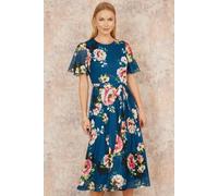 Yumi Women's Green Mesh Floral Midi Dress With Angel Sleeves | Size: 10 Yumi Green 10