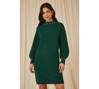 Yumi Women's Green Pearl Detail Knitted Relaxed Jumper Dress | Size: Medium Yumi Green M