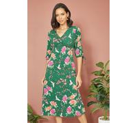 Yumi Green Recycled Crane Print Kimono Midi Dress (UK, Numeric, 10, Regular, Regular, Green)