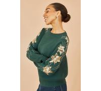 Yumi Women's Green Relaxed Fit Jumper With Sequin Star Sleeves | Size: Medium