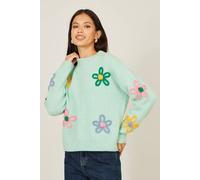 Yumi Women's Green Relaxed Flower Embroidered Jumper | Size: Small Yumi Green S