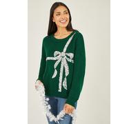 Yumi Women's Green Sequin Bow Knitted Jumper | Size: Medium Yumi Green M