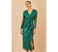 Yumi Women's Green Sequin Midi Wrap Dress With Split Hemline & Long Sleeves | Size: 10 Yumi Green 10