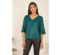 Yumi Green Sequin Top with Fluted Sleeve 18 UK Green