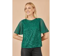 Yumi Women's Green Sequin Top With Sheer Sleeves & Cut Out Back | Size: 10 Yumi Green 10