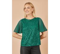 Yumi Women's Green Sequin Top With Sheer Sleeves & Cut Out Back | Size: 8 Yumi Green 8