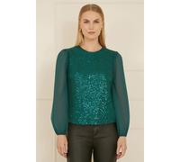 Yumi Women's Green Sequin Top With Sheer Sleeves | Size: 8 Yumi Green 8