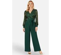 Yumi Women's Green Sequin Wrap Over Jumpsuit | Size: 8