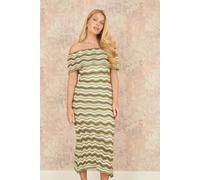 Yumi Women's Green Stripe Crochet Knit Bardot Midi Dress | Size: Medium