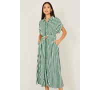 Yumi Women's Green Stripe Print Relaxed Midi Shirt Dress With Belt | Size: 16