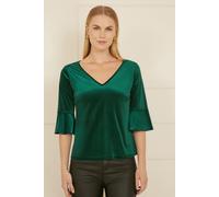 Yumi Women's Green Velvet Relaxed Fit Top With Fluted Sleeves | Size: 8 Yumi Green 8
