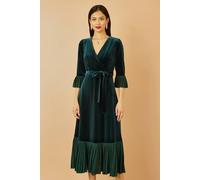 Yumi Green Velvet Wrap Midi Dress With Contrast Hemline Green 12