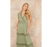 Yumi Women's Green Viscose Lace Trim Wrap Maxi Dress | Size: 14