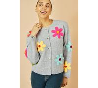 Yumi Women's Grey Knitted Flower Applique Cardigan Sweater | Size: Small