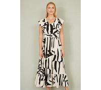 Yumi Women's Ivory Abstract Print Viscose Midi Dress With Matching Belt in Beige | Size: 10 Yumi Beige 10