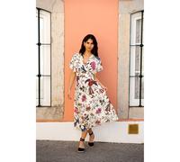 Yumi Women's Ivory Bird & Floral Print Ruched Waist Kimono Midi Dress in White | Size: 8 Yumi White 8