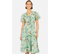 Yumi Women's Ivory Floral Tea Dress With Front Ties in Mint | Size: 14