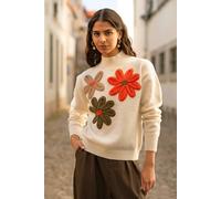 Yumi Women's Ivory Knitted High Neck Jumper With Applique Flowers | Size: Medium Yumi Ivory M