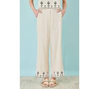 Yumi Women's Ivory Linen Mix Embroirdered Trousers | Size: 10 Yumi Ivory 10