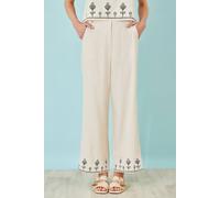 Yumi Women's Ivory Linen Mix Embroirdered Trousers | Size: 8 Yumi Ivory 8