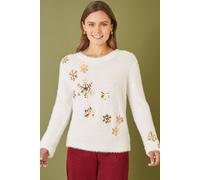 Yumi Women's Ivory Sequin Snowflake Fluffy Jumper | Size: Large Yumi Ivory L