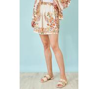 Yumi Women's Ivory Viscose Floral Border Shorts | Size: Medium Yumi Ivory M