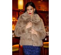 Yumi Women's Light Brown Fluffy Faux Fur Jacket | Size: 14 Yumi Light Brown 14