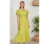 Yumi Women's Lime Cotton Broderie Anglaise Wrap Midi Dress in Light Green | Size: 8 Yumi Light Green 8