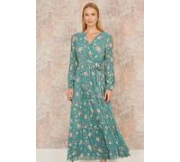 Yumi Mint Green Floral Pleated Long Sleeve Wrap Over Midi Dress Yumi Green 10