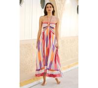 Yumi Women's Multicolour Block Print Halter neck Cotton Maxi Dress | Size: Medium Yumi Multicolor M