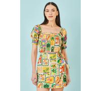 Yumi Women's Multicolour Cropped Shirred Cotton Postcard Print Top | Size: 10