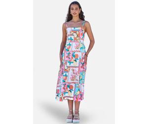 Yumi Women's Multicolour Fruit Print Midi Sun Dress Ruched Back in Cool White | Size: 10