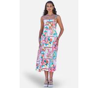 Yumi Women's Multicolour Fruit Print Midi Sun Dress Ruched Back in Cool White | Size: 12