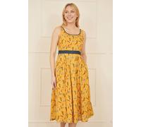 Yumi Women's Mustard Floral Skater Dress With Denim Trims | Size: 10