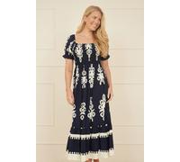 Navy Block Print Viscose Ruched Midi Dress Yumi Navy 10