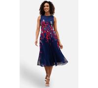 Yumi Navy Border Floral Print Midi Dress with Pleats (UK, Numeric, 18, Regular, Regular, Navy)