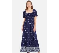Yumi Women's Navy Border Hemline Smocked Maxi Dress | Size: 10 Yumi Navy 10