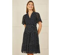 Yumi Women's Navy Dot Print Mesh Stretch Midi Skater Dress | Size: 26