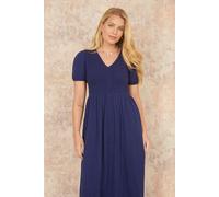 Yumi Women's Navy Double Cotton Ruched Midi Dress | Size: 14 Yumi Navy 14