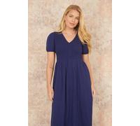Yumi Women's Navy Double Cotton Ruched Midi Dress | Size: 8 Yumi Navy 8