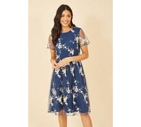 Yumi Navy Floral Embroidered Skater Dress, Short Sheer Sleeves, 106cm Length (UK, Numeric, 10, Regular, Regular, Navy)
