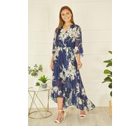 Yumi Women's Navy Floral Kimono Sleeves Dip Hem Wrap Midi Dress | Size: 12 Yumi Navy 12